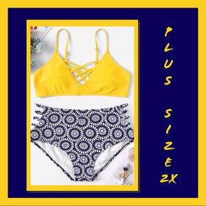 PLUS SIZE GRAPHIC PRINT LADDER CUT OUT BIKINI